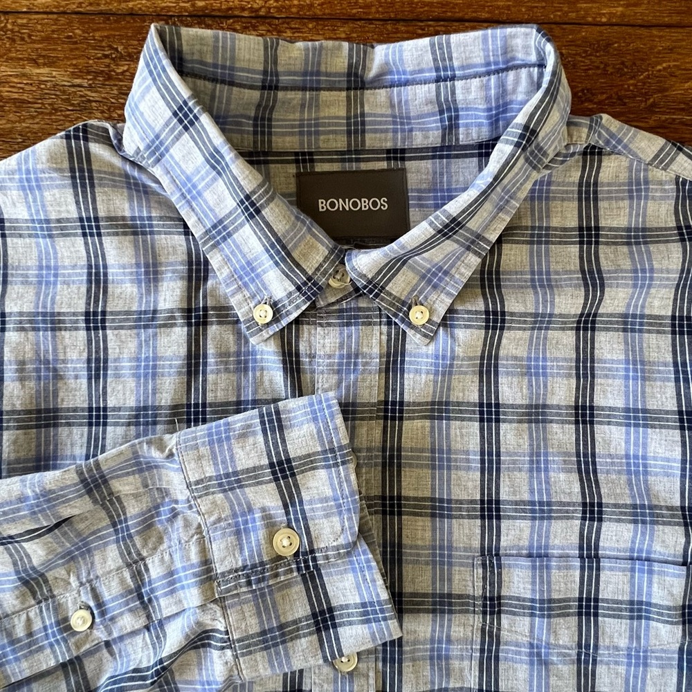 Bonobos Shirt Mens Button Up SLIM Fit Long Sleeve Casual Blue Gray Plaid XL Slim
